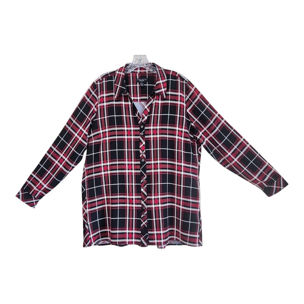 SUSAN GRAVER WEEKEND Women's L Tunic Blouse Plaid Red Black White Button Up 44"